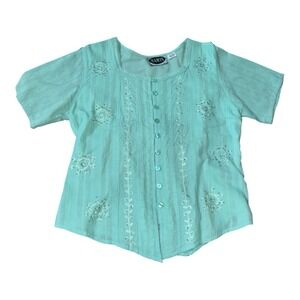 Mamta One Size Aqua Embroidered Button Front Tie Back Cotton Blouse‎ Boho India